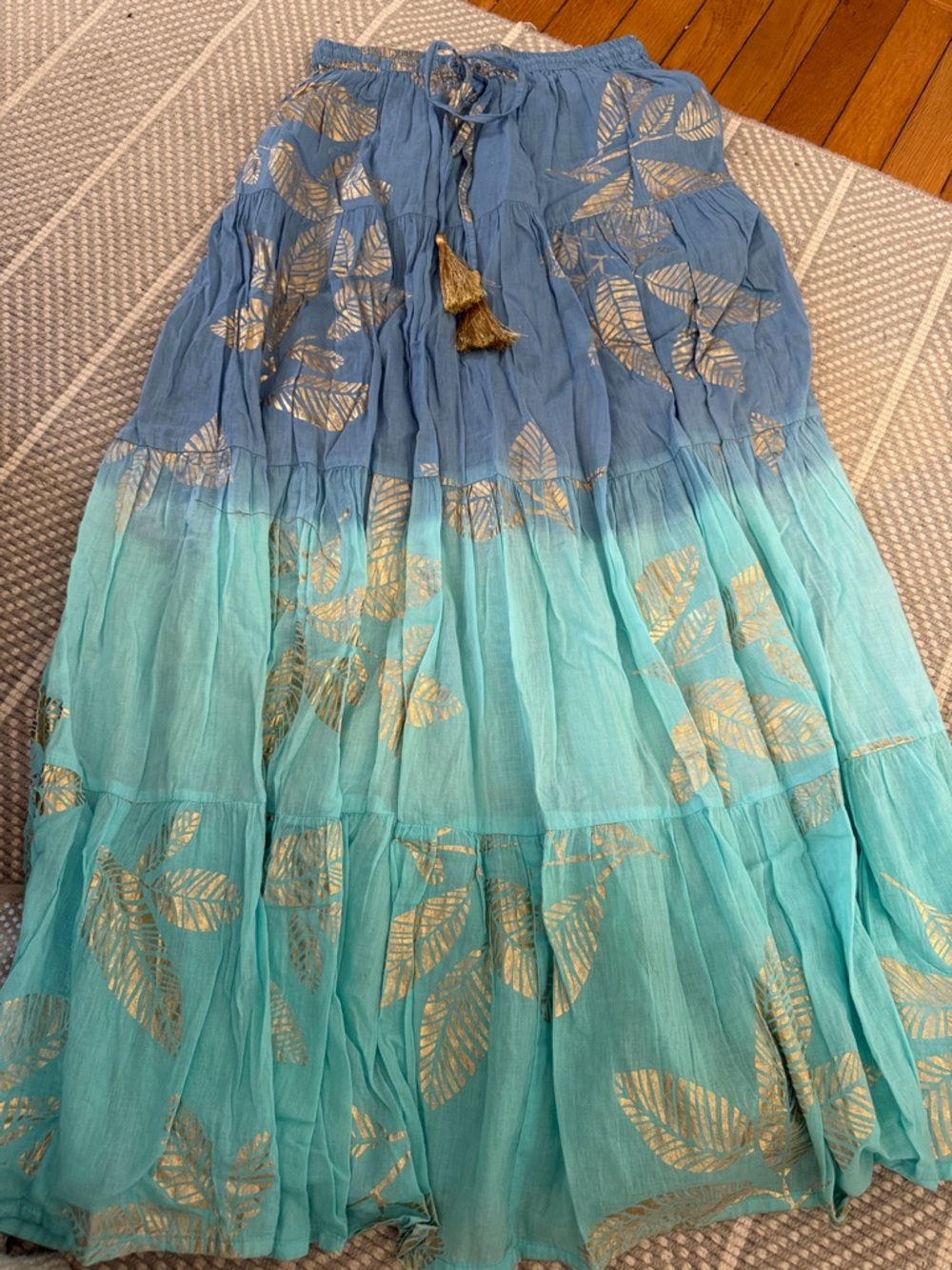 Debbie Katz Boho Ombre Blue-Turquoise Maxi Skirt with Gold Leaf Print